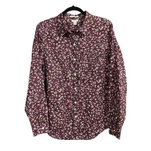 L.L. Bean Cotton Floral Print Button Front Blouse Burgundy M Tall